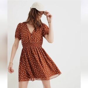 Madewell Smocked-Waist Mini Dress Rust CRream Polka Dots S